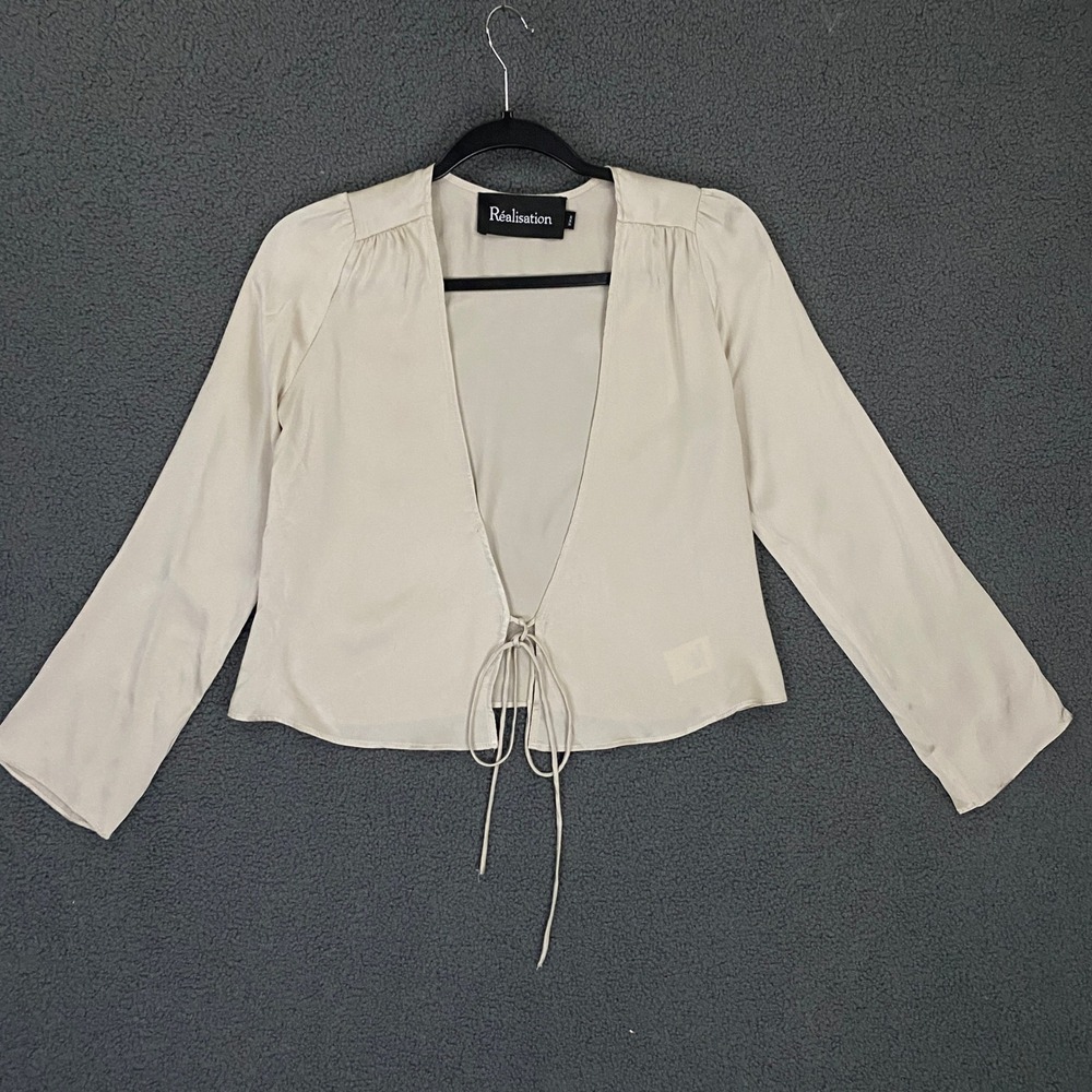 Réalisation Par Bianca Top Womens XXS Salt Cream Silk Tie Front Long Sleeve